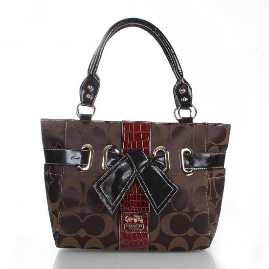 Coach Poppy Bowknot Signature Medium Coffee Totes FDC | Women - Click Image to Close